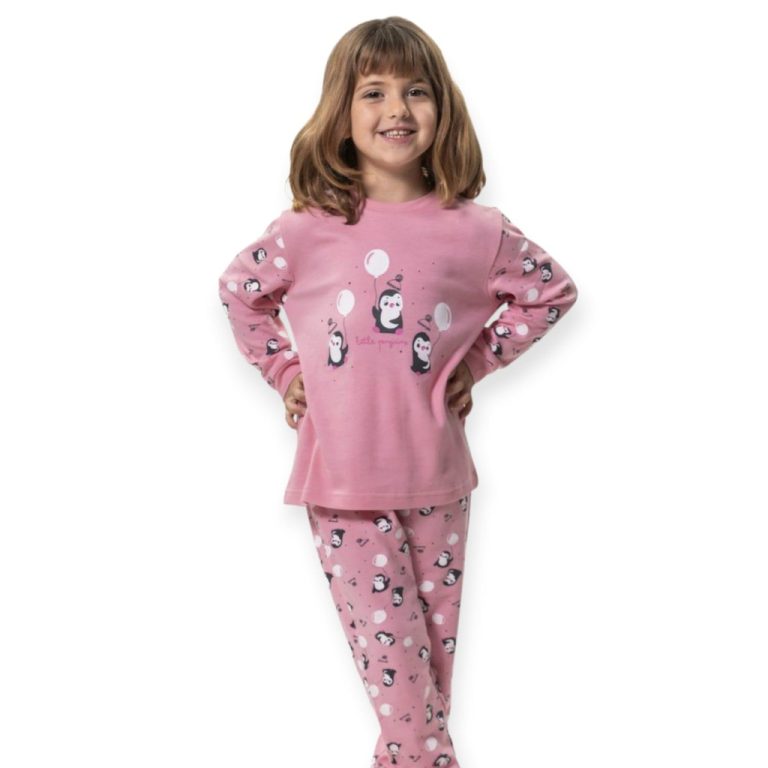 Pijama de niña Kinanit 262. Pijama de manga larga 100% algodón en color rosa con estampado de pingüinos. ¡Compra Ahora al mejor precio!